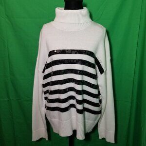 Calligraphie Women Large Turtle Neck White Black Stripe Sweater Circle Sequin